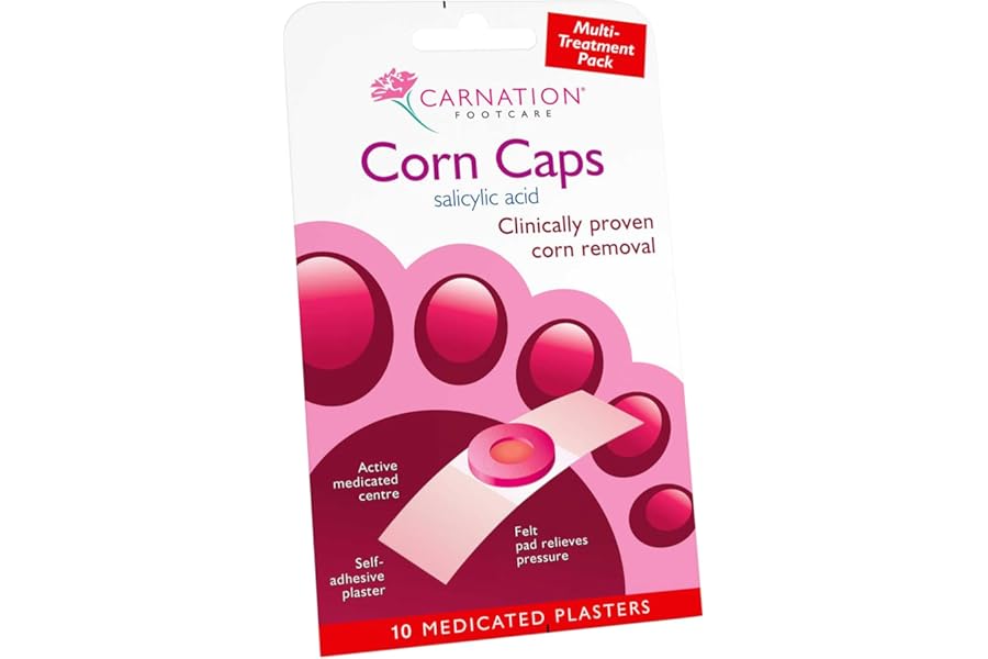 Carnation Footcare Corn Caps x 10, all-in-one, Salicylic Acid paste with soft felt corn ring. Relieves pressure and pain. One step application.