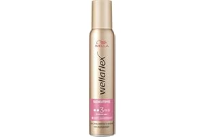 ‎WELLA Wellaflex Schaumfestiger Sensitive Starker Halt – parfümfreier Haarschaum für 24h flexiblen Halt ohne Verkleben – mit UV-Schutz und Hair Taming Complex mit Macadamia-Öl – 200 ml