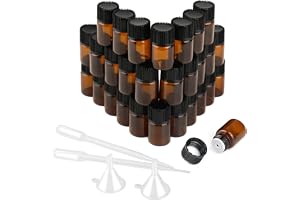 RVLZKCPG 30 stycken droppflaskor miniglasflaskor, apoteksflaskor, glasflaskor för eteriska oljor, 2 ml brun glasflaska med orifice reducerare, miniflaskor för fyllning med dropptratt