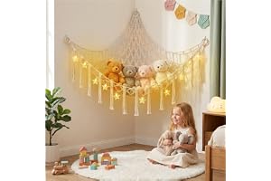 AUAUY Plyschdjurförvaringsnät med LED-lampor, Boho-Teddybjörn-Hängmatta, Plyschdjurförvaringsnät, Stoffdjur-Nät med Pisk, Mju