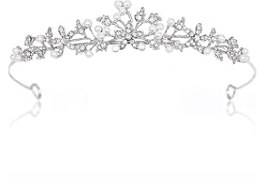 SONGQEE Flower Rhinestone Pearls Crowns Headband, Silver Crystal Bridal Crown Tiara for Girls Women Luxury Princess Hairband Headwear Wedding Prom Birthday Tiara Cosplay Party Costumes Hair Accessories