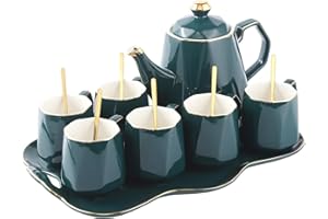 DUJUST 14 pc Modern Diamond Design Tea/Coffee Set with Golden Trim, Porcelain Living Room Decor, Fine-China Teapot/Tea Party Set, Gift Package - Green