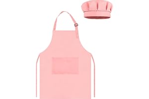 TOPWAYS Chef Hat and Apron Child Set, Adjustable Children Chef Apron Outfit Costume, Kitchen Apron for Baking Cooking Painting, Artist Apron with Two Pockets
