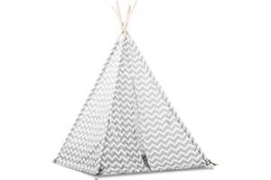 Beeloom - Tienda campaña ZIGZAG tipi con estera infantil portátil niños, casita decorativa plegable, madera natural, tejido poliéster, juego exterior gris