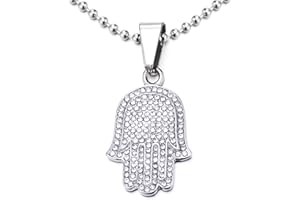 COOLSTEELANDBEYOND Hamsa Hand der Fatima Schutz Anhänger mit Zirkonia, Damen Herren Edelstahl Halskette mit Kugelkette 60CM