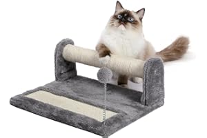 PAWZ Road Katze Kratzbaum und Pad mit Spielzeug -Frühling Spielzeugball, Faltbare Katzen Scratch Board & Post (2 in 1), voller Sisal und Plüsch bedeckt-grau
