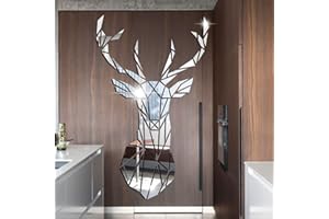 Shackcom 3D Miroir Tête de cerf Sika Autocollants Muraux Amovible DIY en Taille Différente Decoration de la Maison Chambre Salon Décor-Argent-L-72x43cm