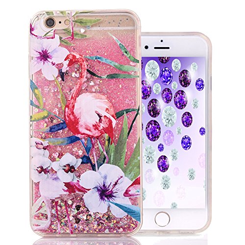 Aeeque® Bling Paillette Coque iPhone 6 Plus/ 6S Plus Liquide Sable Mouvant Transparent Etui Coeur Rose Quicksands Brillant Dual Layer Plastique Dur et Silicone Flexible Bord Coquille Protecteur avec Motif Flamant et Fleur