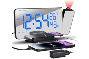 TAKRINK Budzik z projektorem, radiobudzik z 4 poziomami jasności ekranu, cyfrowy budzik z projektorem, podwójny alarm, złącze USB 12/24 h