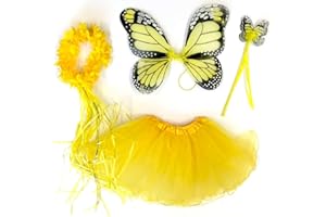 Tante Tina Costume da Farfalla per Bambina - Vestito Farfalla da Bimba in 4 Pezzi: Gonna in Tulle, Ali, Bacchetta e Cerchietto - Giallo Monarca - Indicato per i Bambini da 2 a 8 Anni
