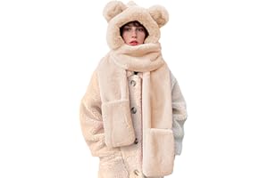 RAYSON 3 in 1 Sciarpa Cappello Orso Orecchio Guanti in Pile Termico Caldo per Inverno Cappello da Donna con Orecchie di Orso alla Moda Cappuccio Sciarpa Guanti per Outdoor