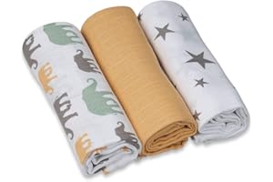 GRÜNSPECHT NATURPRODUKTE Grünspecht Pañales de gasa de 70 x 70 cm, de 100% algodón, sin blanqueadores ópticos, respetuosos con la piel y absorbentes, 3 unidades, amarillo, estrellas, elefantes (1500-V6)