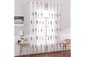 MIULEE Zasłony z niebieskim i białym wzorem liści, haftowane, przezroczyste, na przelotkach, do salonu, zasłona z oczkami, zestaw 2 szt., nowoczesne zasłony do sypialni, każda wys. 175 x szer. 140 cm