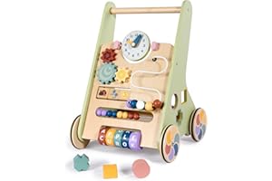 LOL-FUN Wooden Baby Walker for Toddlers 6-12 Months, 10in1 Push Along Walker Toys with Speed Control, Multifunctional Baby Activity Center for 1 Year Old Boys Girls Gift(Small Size)