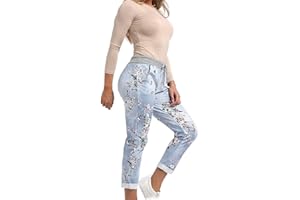 STAR FASHION Women's Italian Elastic Waist Active Yoga Floral Printed Jogging Pants Turn Up Ladies Casual Jogger Hoop Trouser 8-22