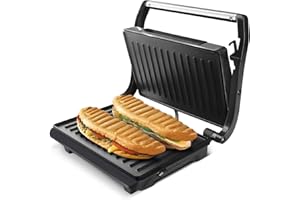 Taurus Amazing - Sandwichera eléctrica GR1700 700W, Placas grill antiadherentes, Placa superior auto ajustable, Cool touch, Calentamiento rápido, Sistema de bloqueo, Almacenaje vertical, Gris