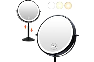 TUSHENGTU 9" Height Adjustable Shaving Mirrors Free Standing, Black 10X Magnifying Mirror Desktop Vanity Mirror, LED Rechargeable Rotation Desk (940B10X)