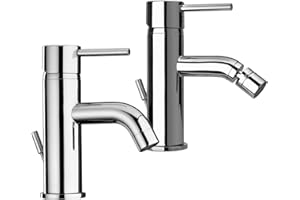 PIRALLA Yellowshop - Set Miscelatori Rubinetteria Bagno Lavabo E Bidet Con Snodo Orientabile Modello Essenza Completo Rubinetto Con Flex Inox Piletta Sanitari