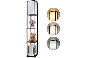 AIMOSEN Drewniana lampa podłogowa LED, 1,62 m lampa podłogowa z 3 półkami, lampa stojąca 3 temperatury barwowe (z żarówką E27 3000K-5000K) Dekoracja Lampka nocna do salonu Sypialnia Biuro