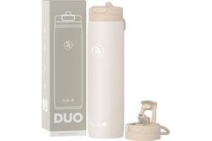 Fuel24 Duo - Stainless Steel Water Bottle 700ml or 1L - Vacuum Insulated Metal Flask with Straw (Dual use Lid) 1 Litre - for Sports, Gym, Work – Slim Design (Sand, 700 ml)