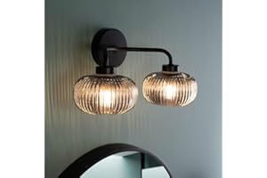 ValueLights | Matt Black 2 Way Wall Light Fitting with Smoked Ribbed Lampshades | Bath Wall Lights, Home Décor & Improvement Essential | Includes Bulb
