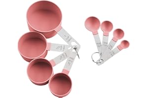 HIQU AND HIST 8 Stück Messlöffel Set, 4 Measuring Cups und 4 Löffel mit Edelstahlgriff, Measuring Cups and Spoons Set aus Kunststoff,Cup Messbecher für Küche Kochen Backmessen und Flüssige Zutaten (Rosa)