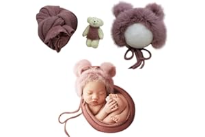 Uposao Set di 3 Neonato Fotografia Prop Wrap Fluffy Cappello Orso Bambola Set Neonato Bambino Foto Puntelli Abiti