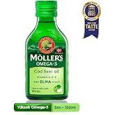 M&ouml;ller's Omega 3 Elmalı 150 ml; saf morina balığı yağı, IFOS Onaylı, DHA, EPA, A D E vitamini. &Ccedil;ocuklar ve yetişkinler i&ccedil;in d
