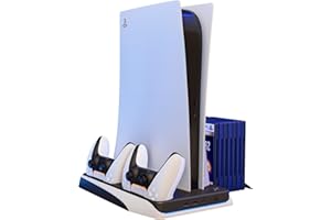 Q-VIEW Support PS5 avec Ventilateur de Refroidissement pour Playstation 5, Chargeur de Manette PS5 avec indicateur LED, Station de Charge PS5 avec Stockage de 12 disques de Jeu. Disponible en Blanc ou Noir.