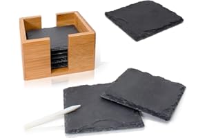 Amazy Pizarra Posavasos (8 Unids) – Decorativos posavasos de pizarra natural con práctico estuche de madera noble de bambú