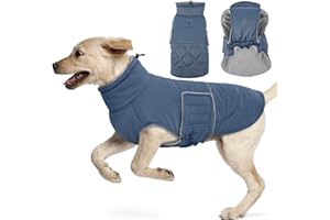 Hjumarayan Płaszcz dla średnich psów - pikowany płaszcz zimowy dla psa, odporny na wodę, otwór na uprząż, odblaskowy, ciepła kurtka z podszewką z polaru dla Border Collie, buldoga angielskiego (szare