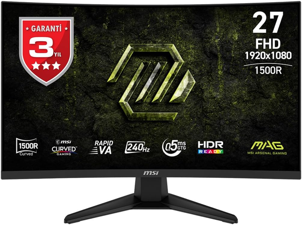 MSI mag 275CF X24 de 27" Monitor Gaming FHD 1500R, 1920 x 1080 Rapid VA, 240 Hz, 0,5 ms, Compatible con HDR, Eye-Care, HDMI 2.0b, DP 1.2a, sin Marco, inclinación Ajustable, Montaje Vesa, Negro
