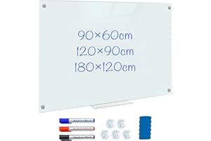 maxtek Tableau Magnétique Verre Trempé, 90 x 60 cm Tableau Blanc Effaçable Mural, Morden Whiteboard sans Cadre, Inklusive 5 Néodyme Aimants, 3 Markers, 1 Gomme, pour Club d'affaires, Bureau, Domicile