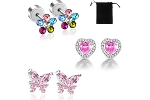 XOUDKE 3 Paia Orecchini Bambina Anallergici Acciaio Inossidabile, cuore, farfalla, fiore, Orecchini a Bottone per Bambine Bambini Donne