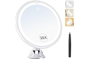 Auxmir Specchio Ingranditore 30X con Luci Specchio Trucco con Luci a 3 Colori Luminosità Regolabile Specchio da Parete 360° Girevole Specchio a Ventosa Potente per Trucco Dettagliato, Casa e Viaggio