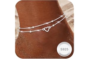 Finrezio Fußkettchen für Damen Silber 925 Layered Fußkettchen Silber Verstellbare Herz Perlen Fußkette für Mädchen Sommer Strand Schmuck Geschenk (Inklusive Geschenkbox)