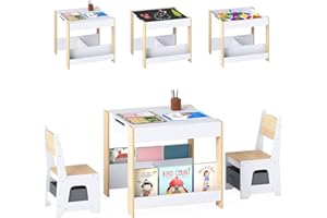 GYMAX Kids Table and Chairs Set, 4 in 1 Children Activity Desk with 2 Chairs, Reversible Tabletop, Bookshelves and Storage Bins, Wooden Toddler Table Set for Boys Girls (White+Natural, 61x61x56cm)