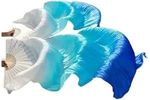 runrayay Belly Dance Faux Silk Veil Fans, 1 Pair (Left+Right) Faux Silk Bamboo Long Fans Veils, 1.5M Handmade Belly Dance Dancing Silk Fans, Dance Performance (Blue)