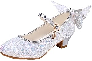 Monissy Niña Alas Sandalias de Disfraz Cenicienta Rhinestone Lentejuelas Tacón Altos Bailarinas Fiesta Actuación Ceremonia Cumpleaños 5-16Años Tamaño28-38 Zapatos de Cosplay Plateado