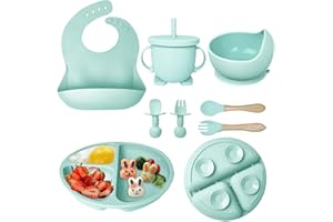 Hoidokly Kinderteller Sets Silikon, 8 Stücke Geschirr Rutschfest mit Saugnapf BabyTeller, Schüssel, Einstellbar Lätzchen, Tasse, Löffel Gabel, BPA Freie Spülmaschine und Mikrowelle Safe - Grün