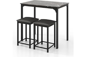 TANGZON Bar Table Set with 2 Stools, 3 Piece Breakfast Counter Table Set with PU Leather Pad and Marble Vein Tabletop, Metal Frame Pub Table and Chairs Dining Sets (Black)