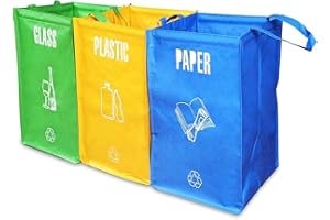 Atoke Lot de 3 Sac Tri Selectif,Déchets Plastique,Sacs de Recyclage,Sacs Solides,Capacité 45L（Bleu -Jaune -Vert,Poubelle pour Extérieur/Intérieu pour Papier, Verre, Plastique
