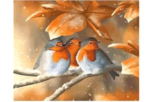 Shukqueen DIY Oil Paint by Numbers for Adult, Oil Paint by Numbers Adult Kit for Beginner Painting - Three Robins Bird on Branch Leaves - 16x20 Inch (Frameless)