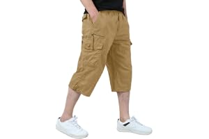 KEFITEVD Cargo Shorts Men Casual 3/4 Length Shorts Cotton Capri Long Short Pants Cropped Trousers with Multi Pockets