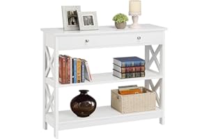 ‎YAHEETECH Yaheetech Konsolentisch, Flurtisch mit Schublade und 2-stufigen Ablagefächern, Beistelltisch Holz, Sofatisch mit stabilem X-Rahmen, für Eingang, Flur, Wohnzimmer, 100 x 30 x 80 cm, Weiß