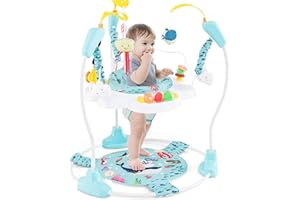 Maxmass Baby Activity Jumperoo, Height Adjustable Toddler Bouncer with 9 Interactive Toys, 360° Rotating Seat, Music, Lights&Sounds, Infant Play Center for 6 Months+, 87x87x94cm (Sky Blue)