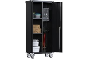 SUPEER Armario de metal para productos de limpieza, armario multiusos de metal para garaje, armario de almacenamiento con ruedas, escoba con barra colgante, 180 x 80 x 40 cm (negro)