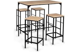 IDMarket - Set Tavolo alto da bar Detroit 100 cm e 4 sgabelli Legno e Metallo Nero Design Industriale
