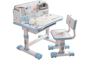 RRXIMHTT Kinder-Funktions-Schreibtisch-Stuhl-Set, höhenverstellbarer Kinder-Schul-Schreibtisch mit Burglehne, erweitertem Schreib, Buchständer und Speicherschublade (Blue-G)