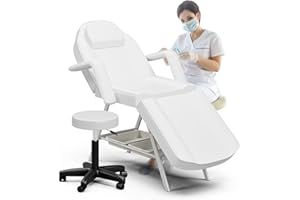 ONPNO Salon Beauty Bed with Stool, Adjustable 3-Section Massage Table with Storage Shelves, Professional Tattoo Chair, Facial Lash Bed for Client/Esthetician (White)